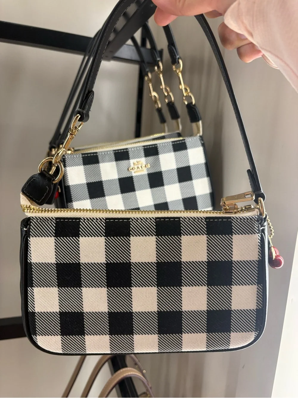Coach Black & White Buffalo Check Shoulder Bag with Gold Hardware